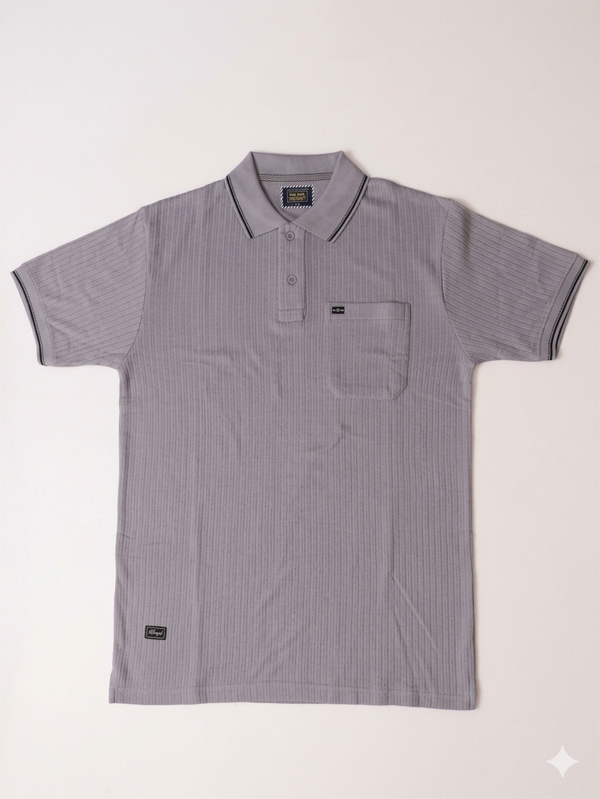 zzfeels-grey Premium Striped Polo T-Shirt – Classic Grey (200–240 GSM) - Image 1