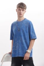 Half Sleeve; Round Neck; Oversized Fit; Premium Muted Sky Blue Mineral-wash finish colour Casual wear Fabric: 100% Cotton, Single Jersey Knitted, Drop Shoulder Over Sized 220-240GSM