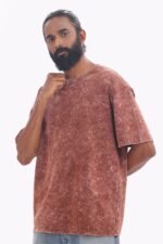 Half Sleeve; Round Neck; Oversized Fit; Premium Reddish-Brown Mineral-wash finish colour Casual wear Fabric: 100% Cotton, Single Jersey Knitted, Drop Shoulder Over Sized 220-240GSM