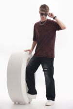 Half Sleeve; Round Neck; Oversized Fit; Premium Muted Maroon Mineral-wash finish colour Casual wear Fabric: 100% Cotton, Single Jersey Knitted, Drop Shoulder Over Sized 220-240GSM